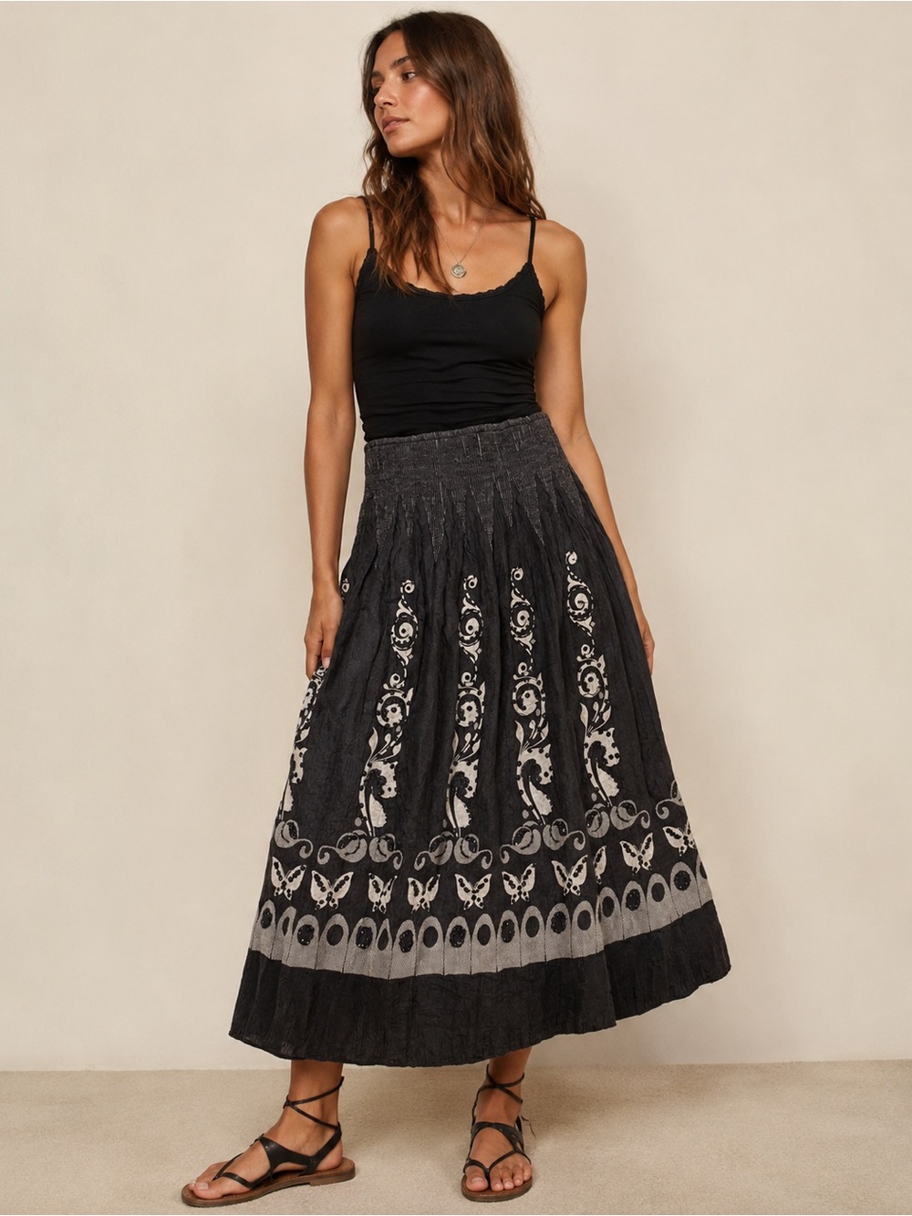 Lapis Black Crinkle‎ Maxi Skirt Smocked Waist Butterfly Beaded Size One